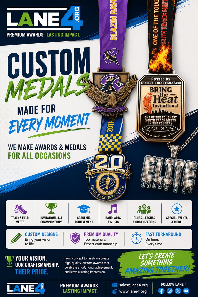 Lane 4 custom medals — premium awards for track meets, invitationals and championships